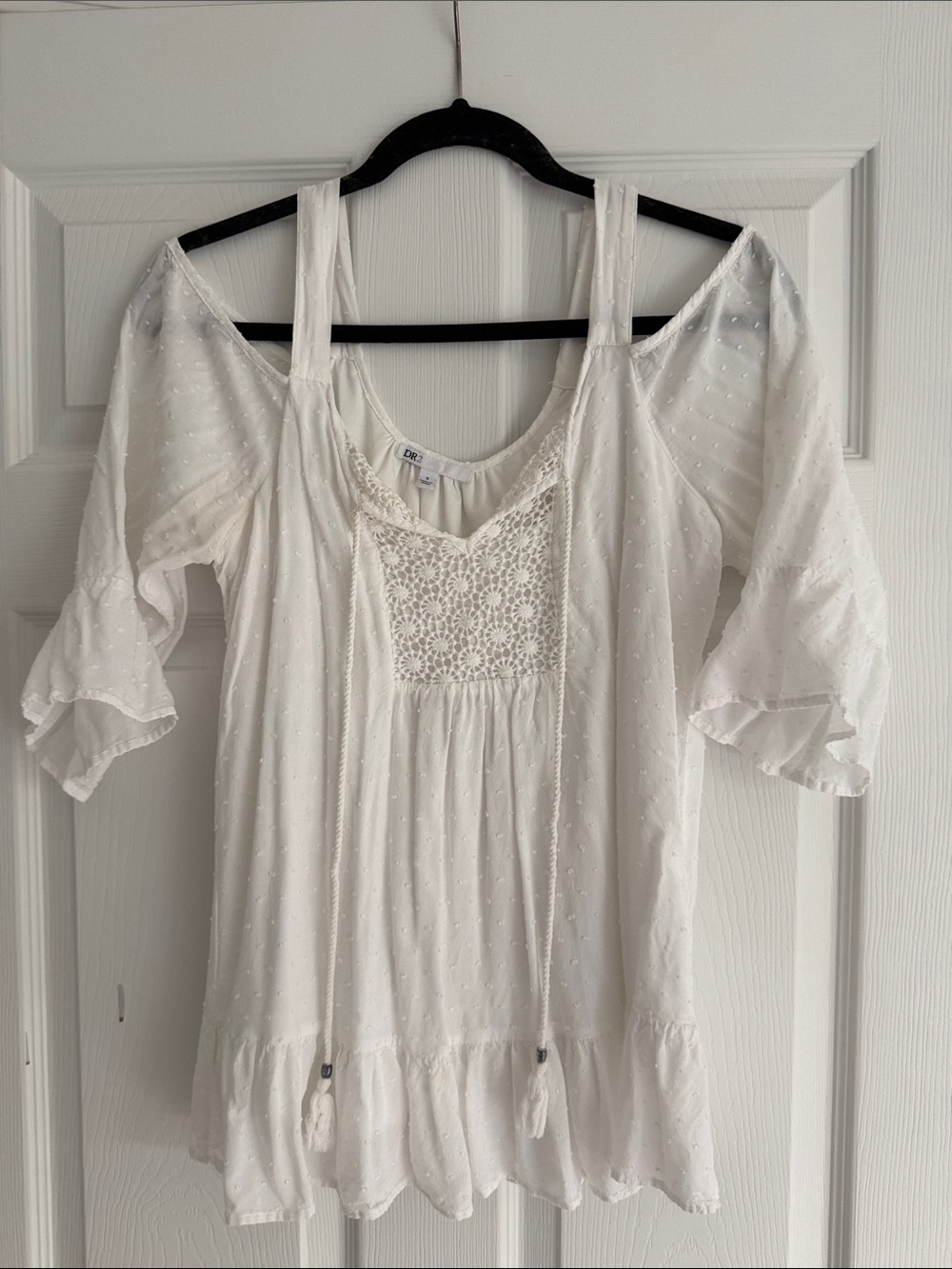 DR2 White Boho Lace Peasant Top Size S